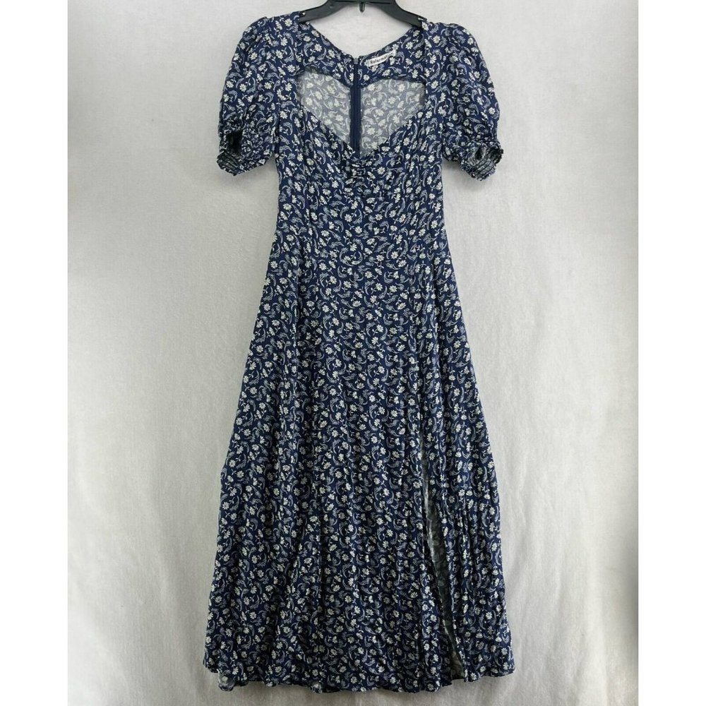 Reformation Dress Women's Sz 4 Blue WhiteFloral V-Neck Puff Sleeve Maxi Long